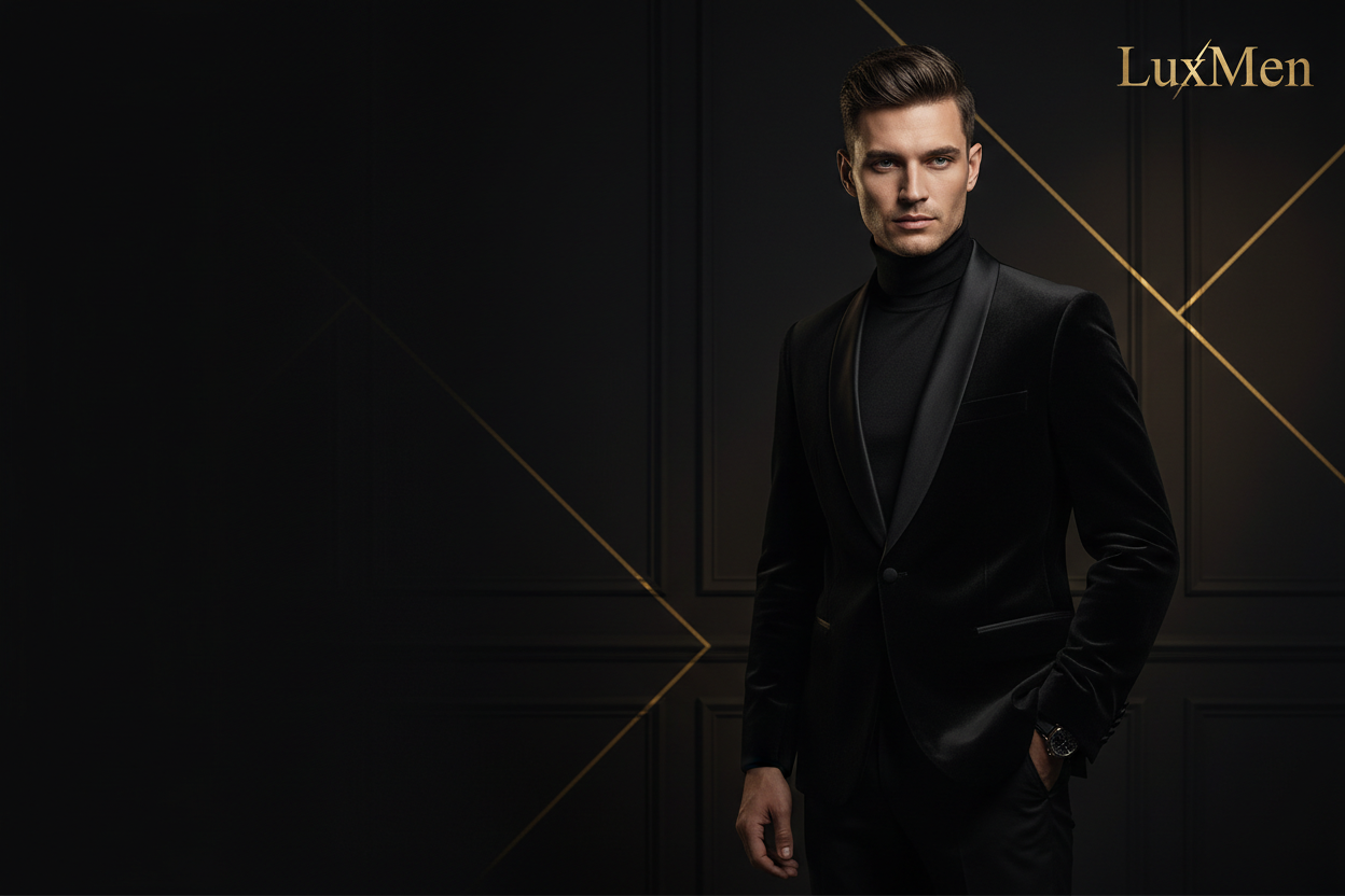 Luxury men's fashion brand banner for Shopify Dawn theme, featuring an elegant male model wearing a tailored blazer, dark studio background with soft cinematic lighting, premium masculine style, modern and sophisticated, space on left side for text, gold and black color palette, high-end fashion photography, realistic, ultra sharp, 16:9 ratio, e-commerce hero banner, brand logo "LuxMen" in gold in the top right corner